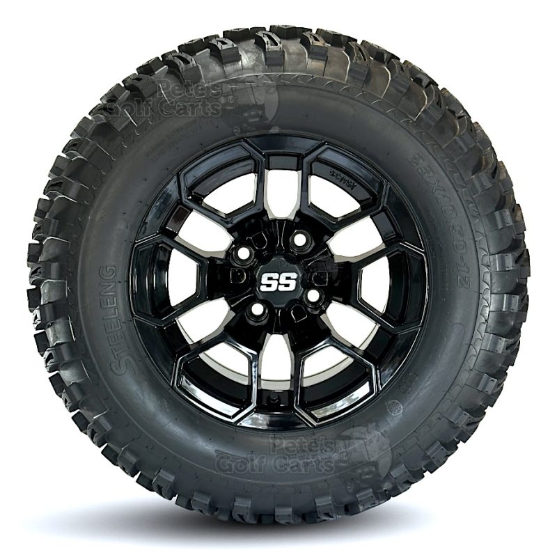 12″ Talon Gloss Black Golf Cart Wheels and 23×10.5-12 All Terrain Golf Cart Tires Combo – Set of 4 | BEAST®